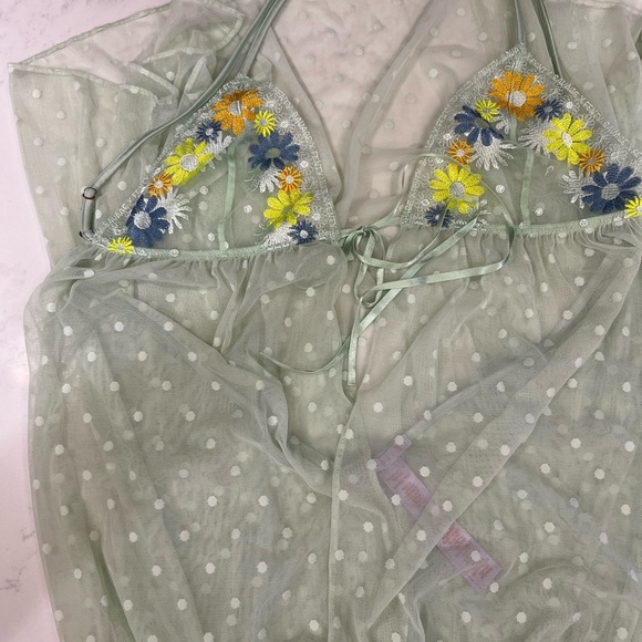 Floral Embroidered Sheer Babydoll Lingerie - Green - Picture 5 of 13